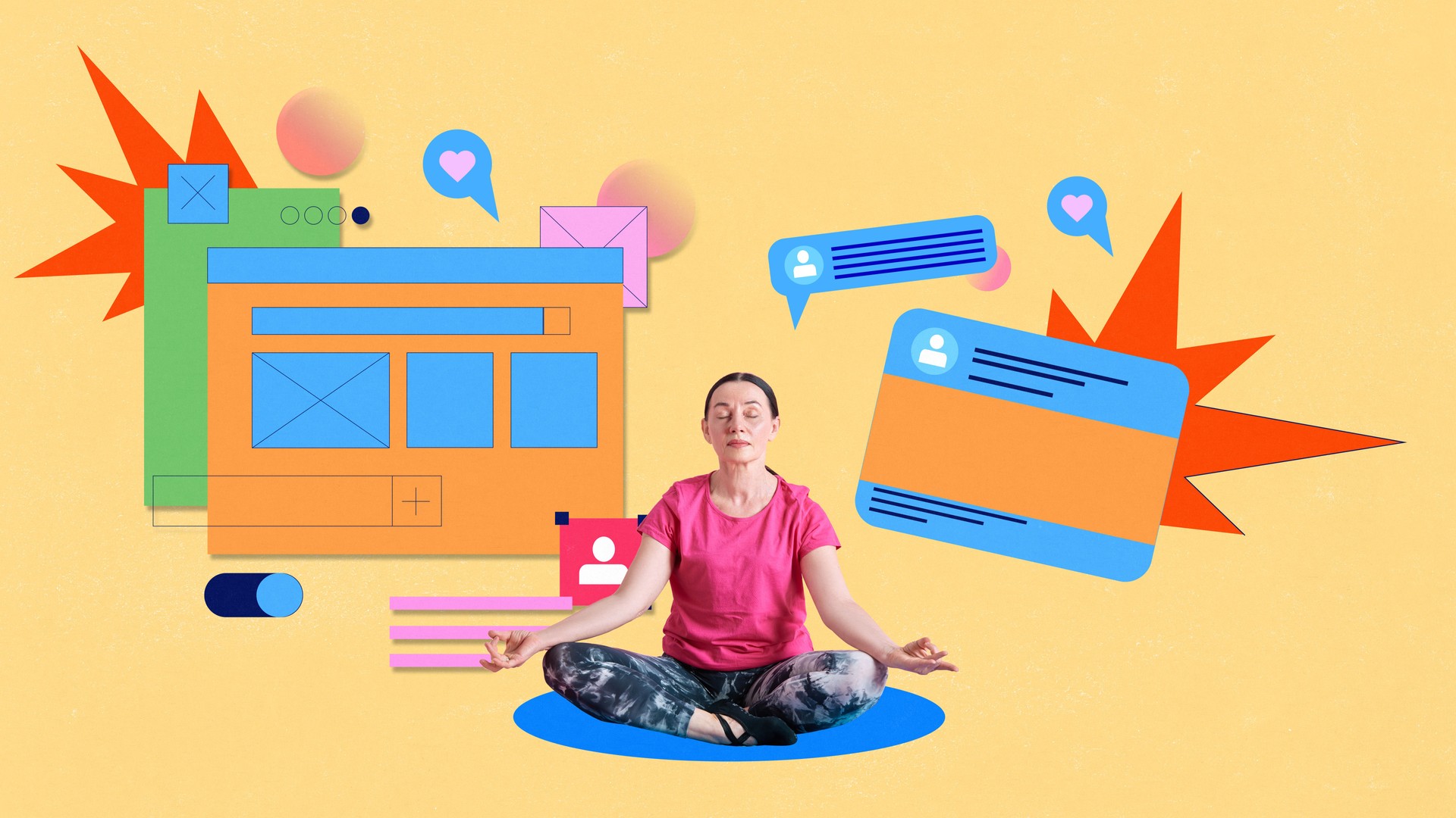 Calm woman meditating in lotus position among flying social media notifications and website elements. Modern art design.